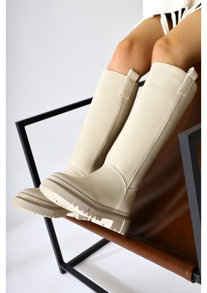 Dayna Bej Kalın Tabanlı Çekme Çizme Deri Malzeme ile Şık Tasarım Kadınlar İçin fiyatları