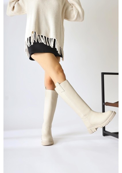 Dayna Bej Kalın Tabanlı Çekme Çizme Deri Malzeme ile Şık Tasarım Kadınlar İçin modelleri