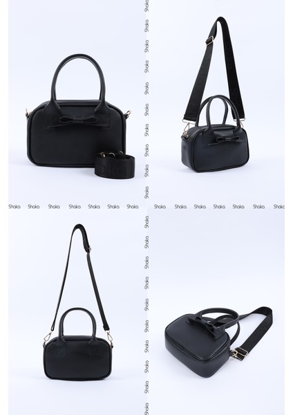 Siyah Shk217 Fiyonklu Suni Deri, Tek Bölmeli, Fermuarlı,Kolon Askılı, El, Kol Ve Omuz Çantası
