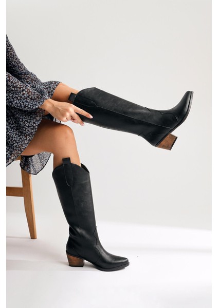 Lhena Siyah Western Çekme Çizme