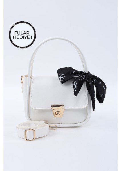 Beyaz SHK235 Suni Deri Tek Bölmeli Fular Hediyeli El Kol ve Omuz Çantası