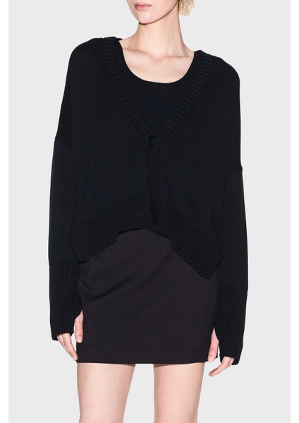 % 100 Pamuk Relaxed Fit V Yaka Asimetrik Hırka Bayan Hırka XW001304 AF16552 UC001