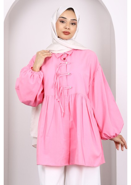 Pembe Kol Lastikli Ön Düğmeli Tunik