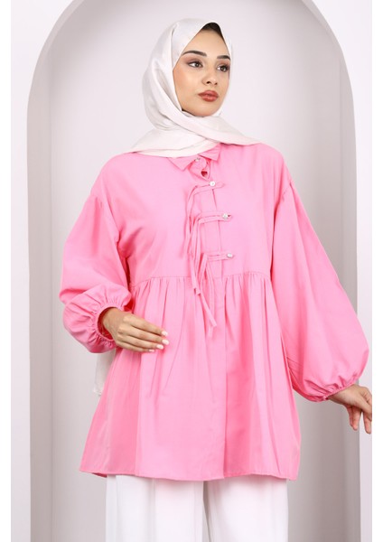 Pembe Kol Lastikli Ön Düğmeli Tunik modelleri