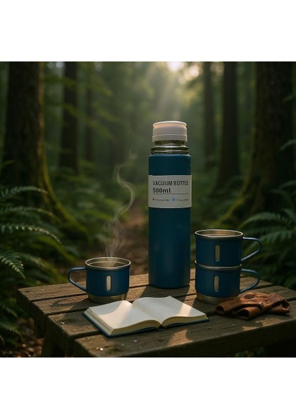 Vacuum Flask Set 3 Bardaklı Kutulu Vakumlu Paslanmaz Çelik Termos Seti 500 ml