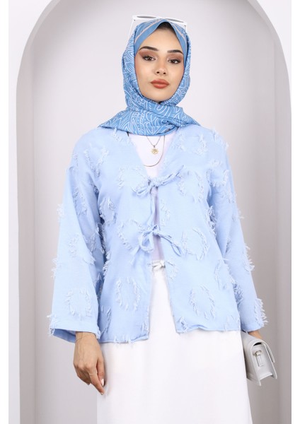 Mavi Ön Bağlamalı Püsküllü Kimono