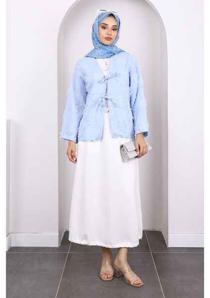 Mavi Ön Bağlamalı Püsküllü Kimono fiyatları