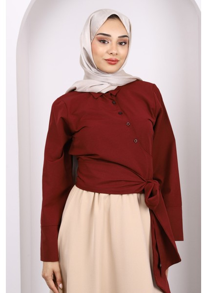 Bordo Bel Bağlamalı Crop Gömlek
