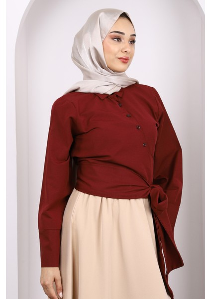 Bordo Bel Bağlamalı Crop Gömlek fiyatları