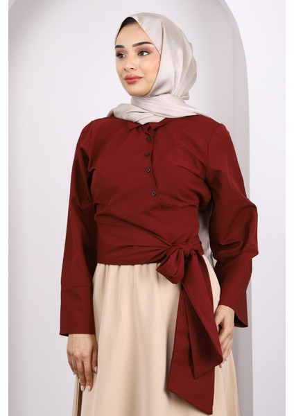 Bordo Bel Bağlamalı Crop Gömlek modelleri