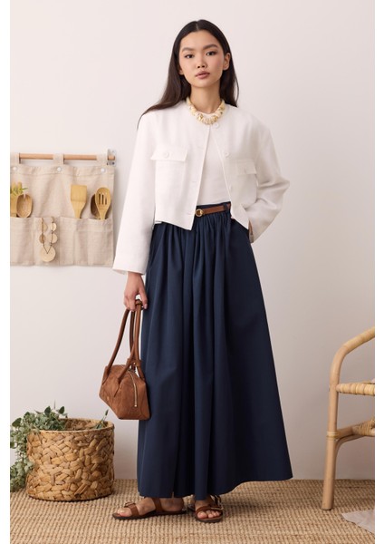 Büzgülü Kanvas Etek Ofis Lacivert