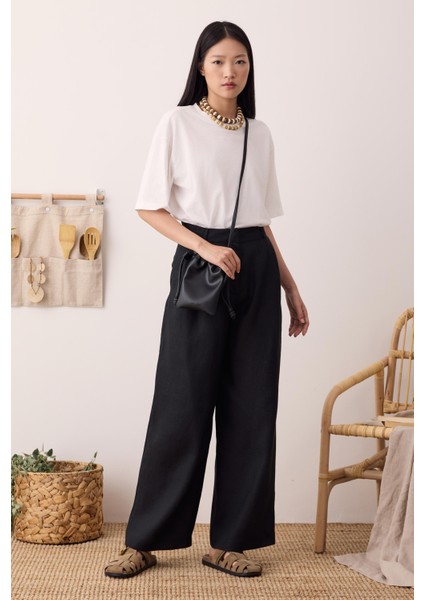 Pileli Basic Keten Pantolon Siyah