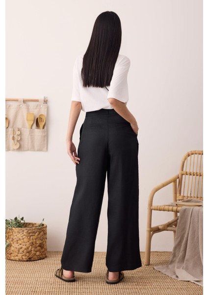 Pileli Basic Keten Pantolon Siyah modelleri