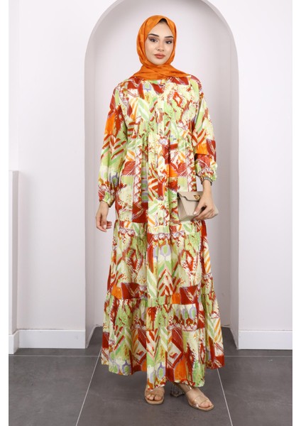 Mint Yarım Düğmeli Eteği Katlı Desenli Elbise