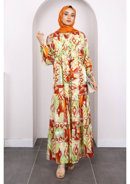 Mint Yarım Düğmeli Eteği Katlı Desenli Elbise fiyatları