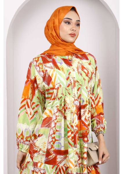 Mint Yarım Düğmeli Eteği Katlı Desenli Elbise modelleri