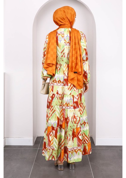 Mint Yarım Düğmeli Eteği Katlı Desenli Elbise fırsatları