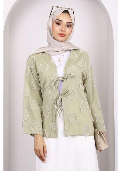 Haki Ön Bağlamalı Püsküllü Kimono