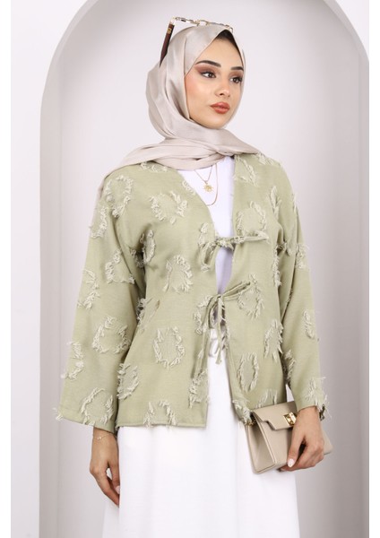 Haki Ön Bağlamalı Püsküllü Kimono modelleri