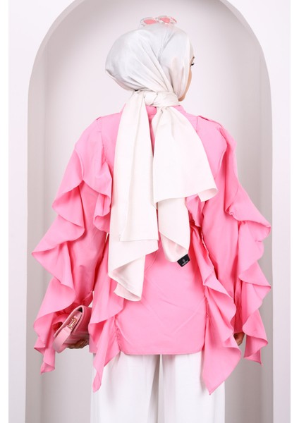Pembe Kol Fırfırlı Düğmeli Tunik fırsatları