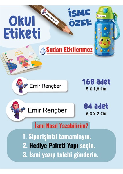 Okul Etiketi SUDAN ETKİLENMEZ, Kalem Defter Etiketi Brawl Star Temalı Özel Isim Yazılabilen Etiket - 252ADET