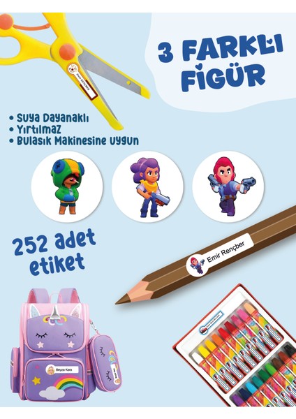 Okul Etiketi SUDAN ETKİLENMEZ, Kalem Defter Etiketi Brawl Star Temalı Özel Isim Yazılabilen Etiket - 252ADET fiyatları