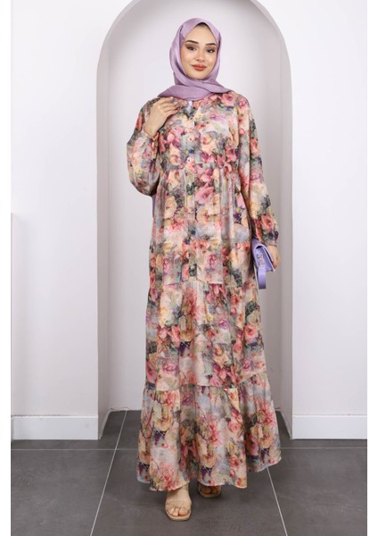 Gül Kurusu Yarım Düğmeli Eteği Katlı Desenli Elbise