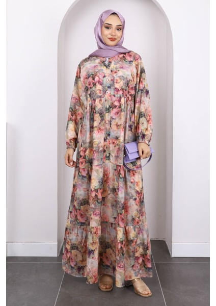 Gül Kurusu Yarım Düğmeli Eteği Katlı Desenli Elbise fiyatları