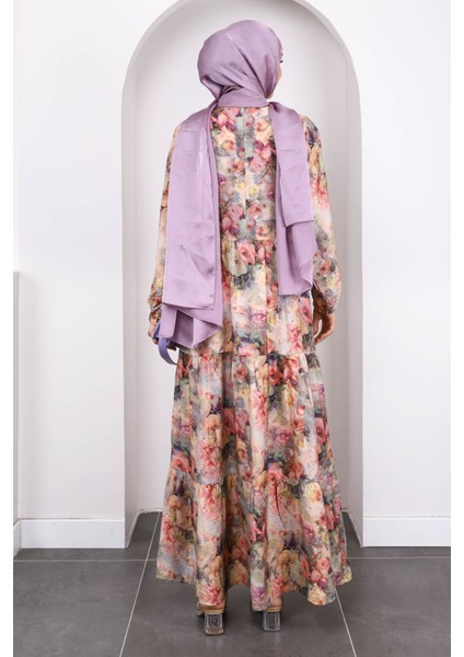 Gül Kurusu Yarım Düğmeli Eteği Katlı Desenli Elbise modelleri