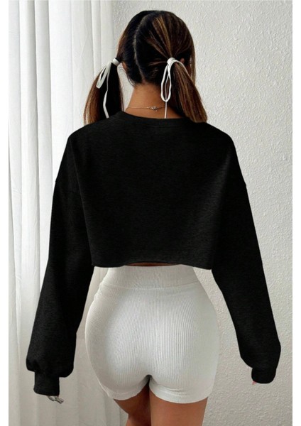 Kadın Siyah Oversize Crop Bisiklet Yaka Şardonlu Sweatshirt