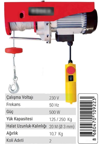 Elektrikli Vinç Çelik Halat, Uzunluk 20 Metre, Çekme 250 Kg, Bakır Motor Sargı, Ev Yük, Iş Oto Tamir