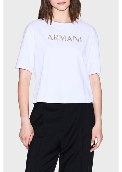 % 100 Pamuk Cropped Fit Bisiklet Yaka Logolu T Shirt Bayan T Shirt XW001364 AF15085 U0002