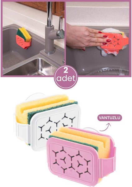 2 Adet Vantuzlu Süngermatik Bulaşık Süngerliği, Bulaşık Süngeri ve Sünger Askısı Sıkacağı Tutacağı