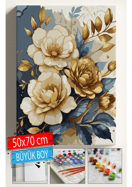 Sayılarla Boyama Seti Numaralı Tuval Fırça Boya Dahil Kasnaklı Set 50X70 cm -Gold Çiçek