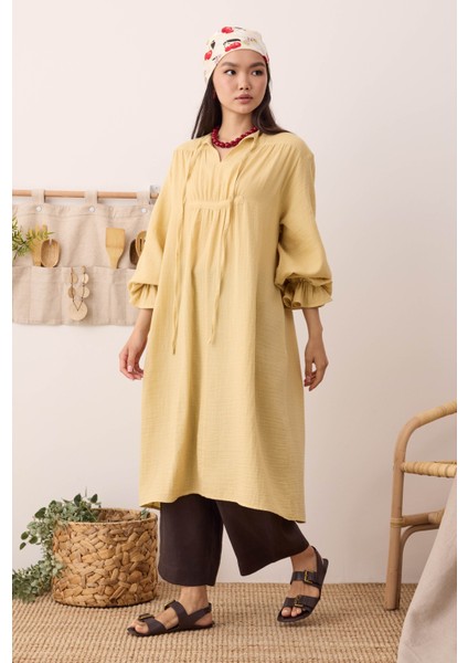 Çok Büzgülü Müslin Tunik Soft Sarı