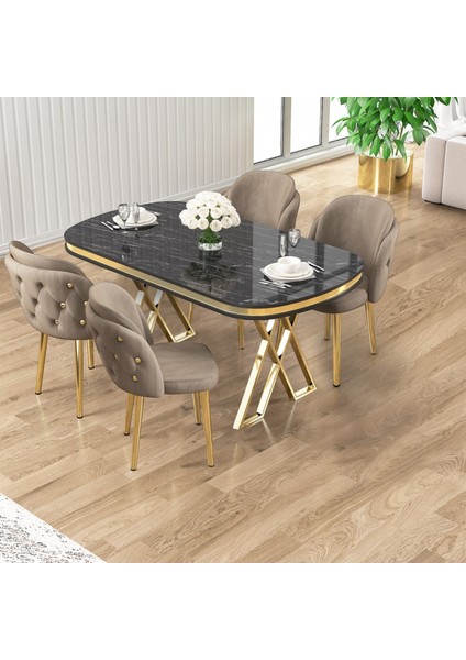 Zae Serisi 90X168 Lak Panel Siyah Mermer Desen Gold Ayak Masa Takımı 4 Cappucino Sandalye