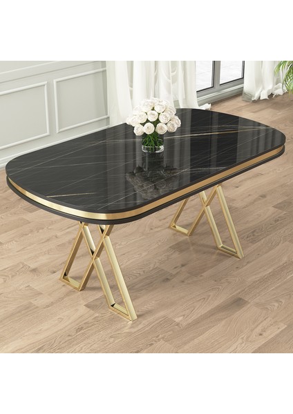 Zae Serisi 90X168 Lak Panel Siyah Mermer Desen Gold Ayak Masa Takımı 4 Cappucino Sandalye fiyatları