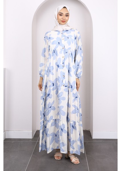 Mavi Yarım Düğmeli Eteği Katlı Desenli Elbise