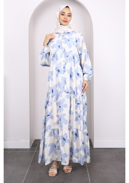 Mavi Yarım Düğmeli Eteği Katlı Desenli Elbise fiyatları