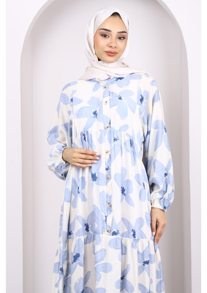 Mavi Yarım Düğmeli Eteği Katlı Desenli Elbise modelleri