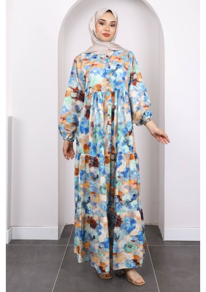 Saks Mavi Yarım Düğmeli Eteği Katlı Desenli Elbise