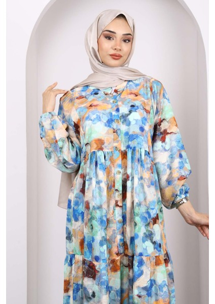 Saks Mavi Yarım Düğmeli Eteği Katlı Desenli Elbise modelleri