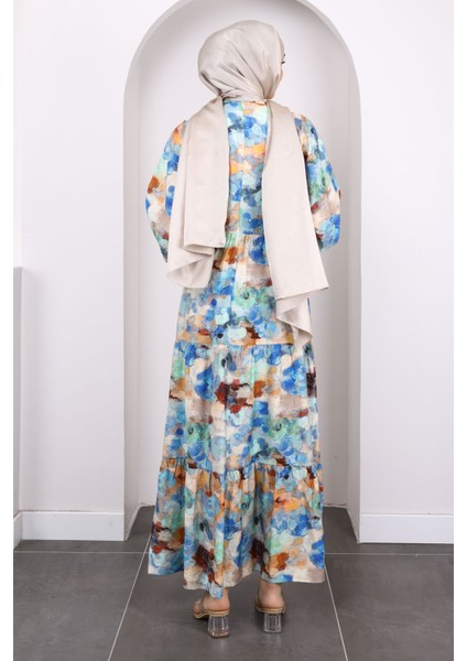 Saks Mavi Yarım Düğmeli Eteği Katlı Desenli Elbise fırsatları