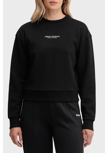 Logo Baskılı Pamuklu Relaxed Fit Bisiklet Yaka Crop Sweat Bayan Sweat XW001451 AF10830 MC021