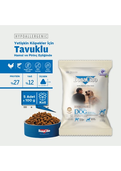 Adult Dog Tavuklu ve Balıklı Yetişkin Köpek Maması, 100 gr x 5 Adet, Tüm Irklar Için, Doğal, Şeker Içermez fiyatları