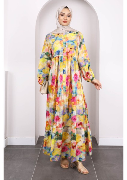 Pembe Yarım Düğmeli Eteği Katlı Desenli Elbise