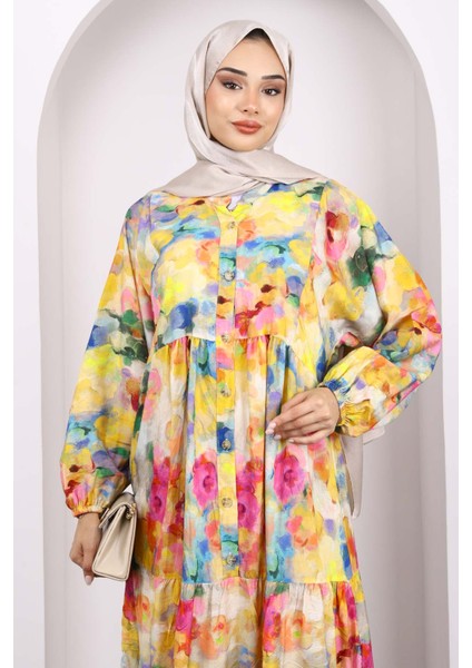 Pembe Yarım Düğmeli Eteği Katlı Desenli Elbise modelleri