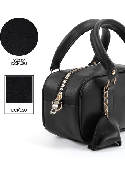 Siyah SHK207 Suni Deri Charm Detaylı Fermuarlı Ayarlanabilir Askılı El, Kol ve Omuz Çantası U:14 E:24 G:8 cm indirimleri