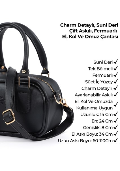 Siyah SHK207 Suni Deri Charm Detaylı Fermuarlı Ayarlanabilir Askılı El, Kol ve Omuz Çantası U:14 E:24 G:8 cm