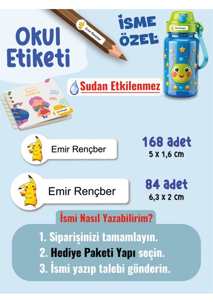 Okul Etiketi SUDAN ETKİLENMEZ, Kalem Defter Etiketi Pikach Temalı Özel Isim Yazılabilen Etiket - 252ADET
